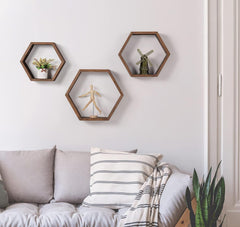 Set of 3 Wood Hexagon Shelves for Wall Decor - Farmhouse Honeycomb Shelves for Living Room Decor, Kitchen Storage
