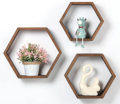 Set of 3 Wood Hexagon Shelves for Wall Decor - Farmhouse Honeycomb Shelves for Living Room Decor, Kitchen Storage