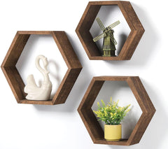 Set of 3 Wood Hexagon Shelves for Wall Decor - Farmhouse Honeycomb Shelves for Living Room Decor, Kitchen Storage