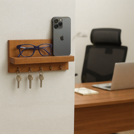 Premium Wooden Key Holder with Shelf and 5 Metal Hooks