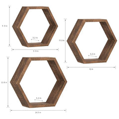 Set of 3 Wood Hexagon Shelves for Wall Decor - Farmhouse Honeycomb Shelves for Living Room Decor, Kitchen Storage