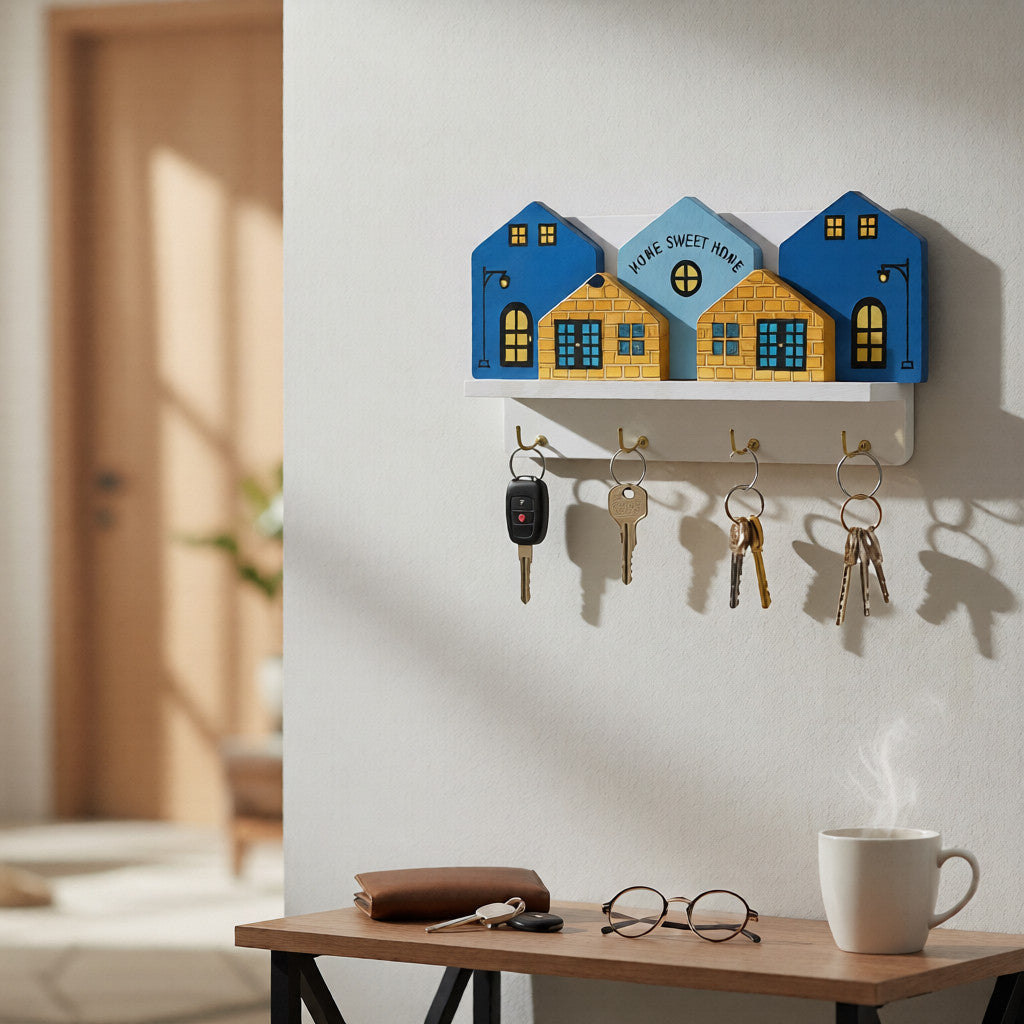 Home Sweet Home MDF Wooden Key Holder with 4 Metal Hooks