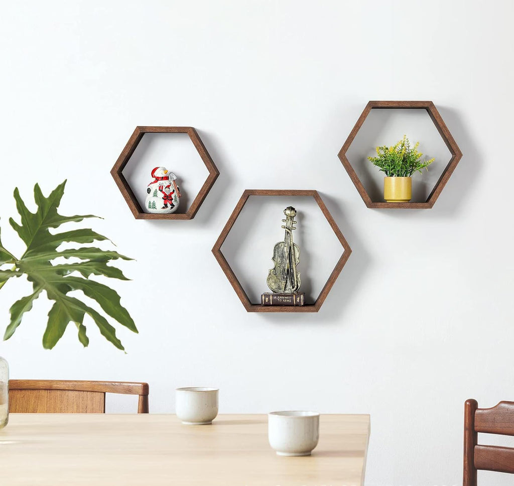 Set of 3 Wood Hexagon Shelves for Wall Decor - Farmhouse Honeycomb Shelves for Living Room Decor, Kitchen Storage