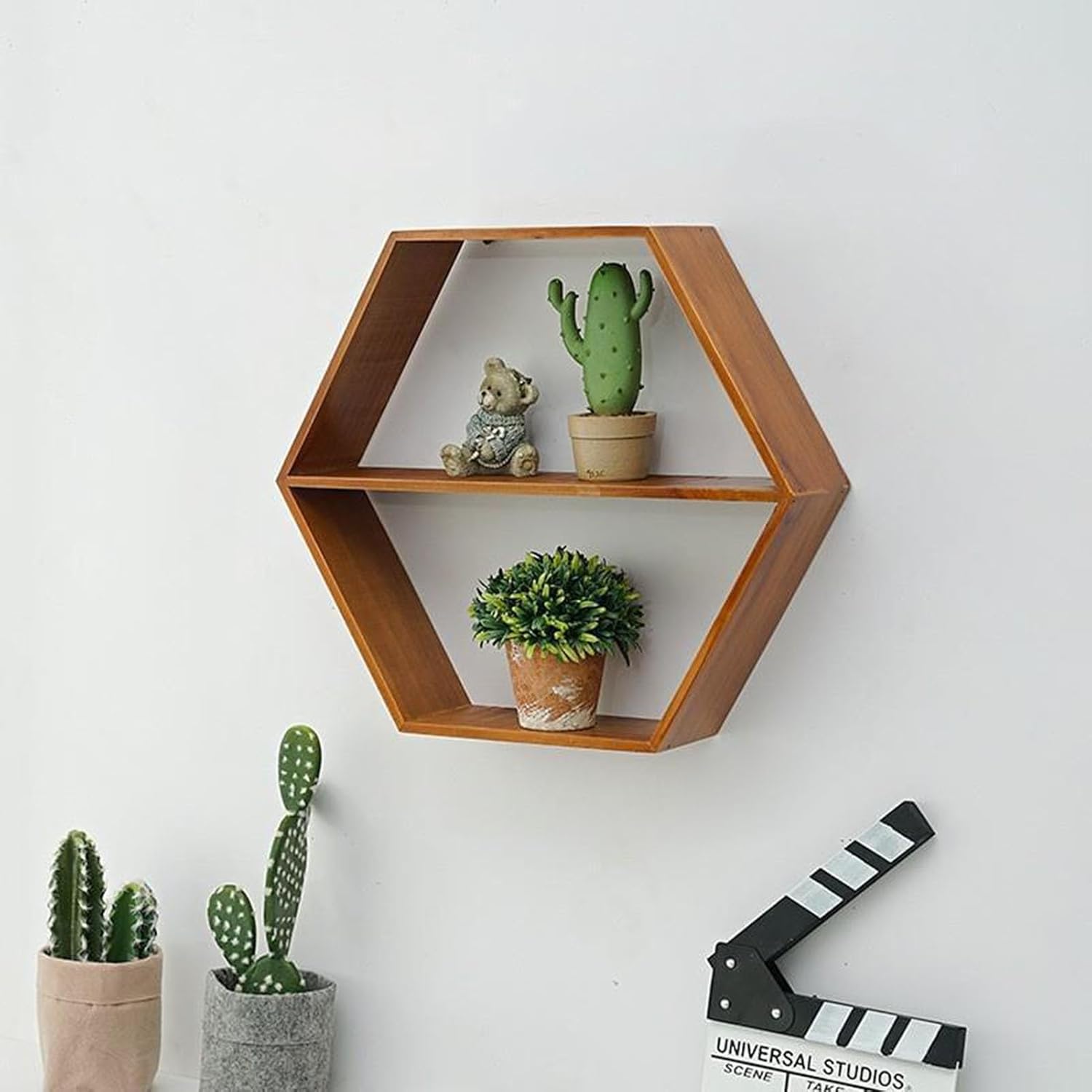 Set of 2 Hexagonal Floating Shelves – Wooden Honeycomb Wall Shelves for Books, Toys, Plants, Figurines & Decor