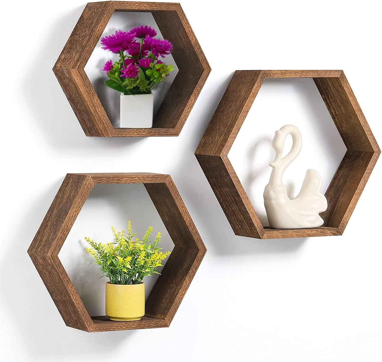 Set of 3 Wood Hexagon Shelves for Wall Decor - Farmhouse Honeycomb Shelves for Living Room Decor, Kitchen Storage