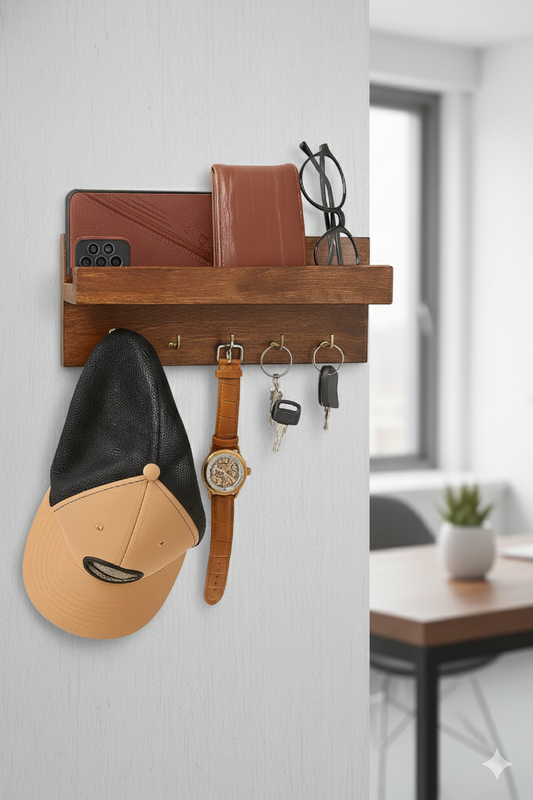 Premium Wooden Key Holder with Shelf and 5 Metal Hooks