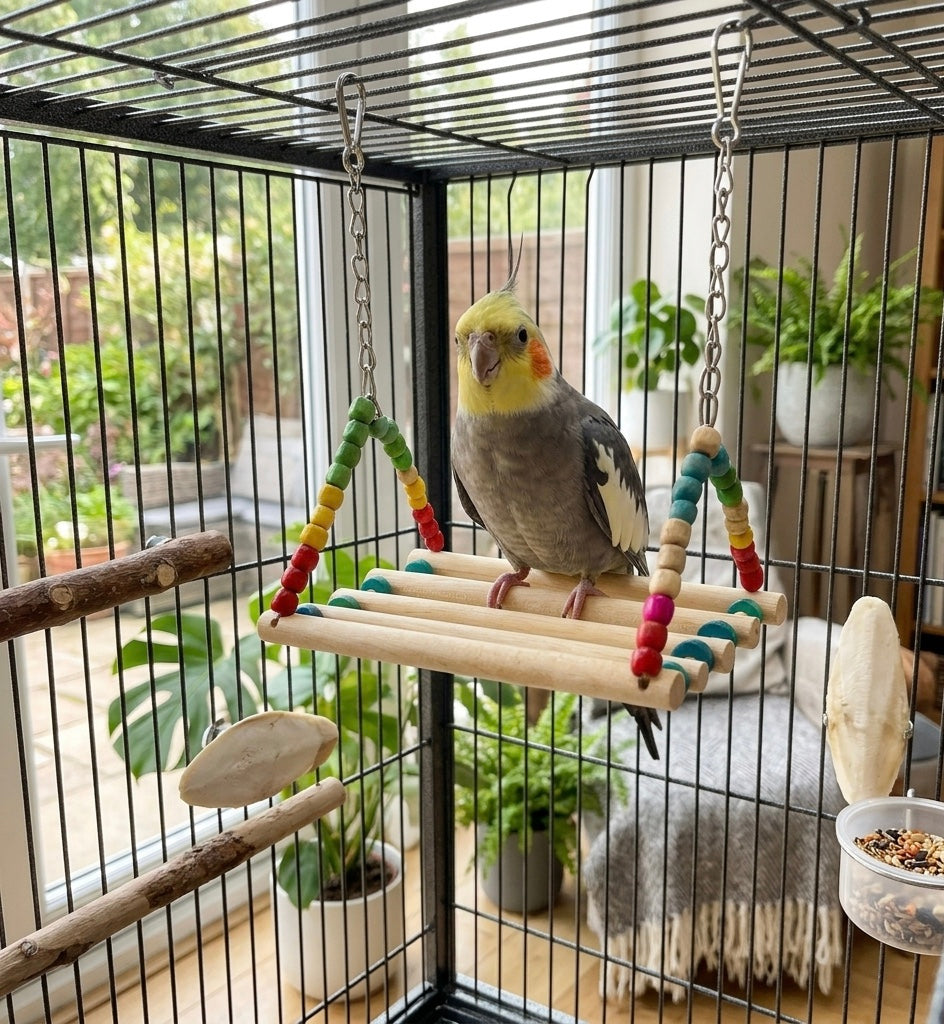(Pack of 2) Bench Toy for Birds – Colorful Wooden Climbing Ladders & Swing Toys for Parrots, Cockatiels & Small Birds