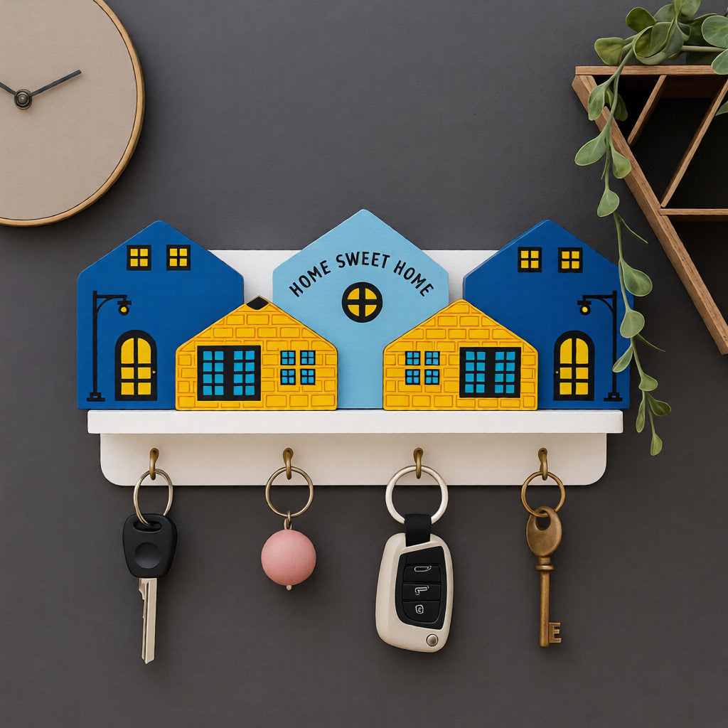 Home Sweet Home MDF Wooden Key Holder with 4 Metal Hooks